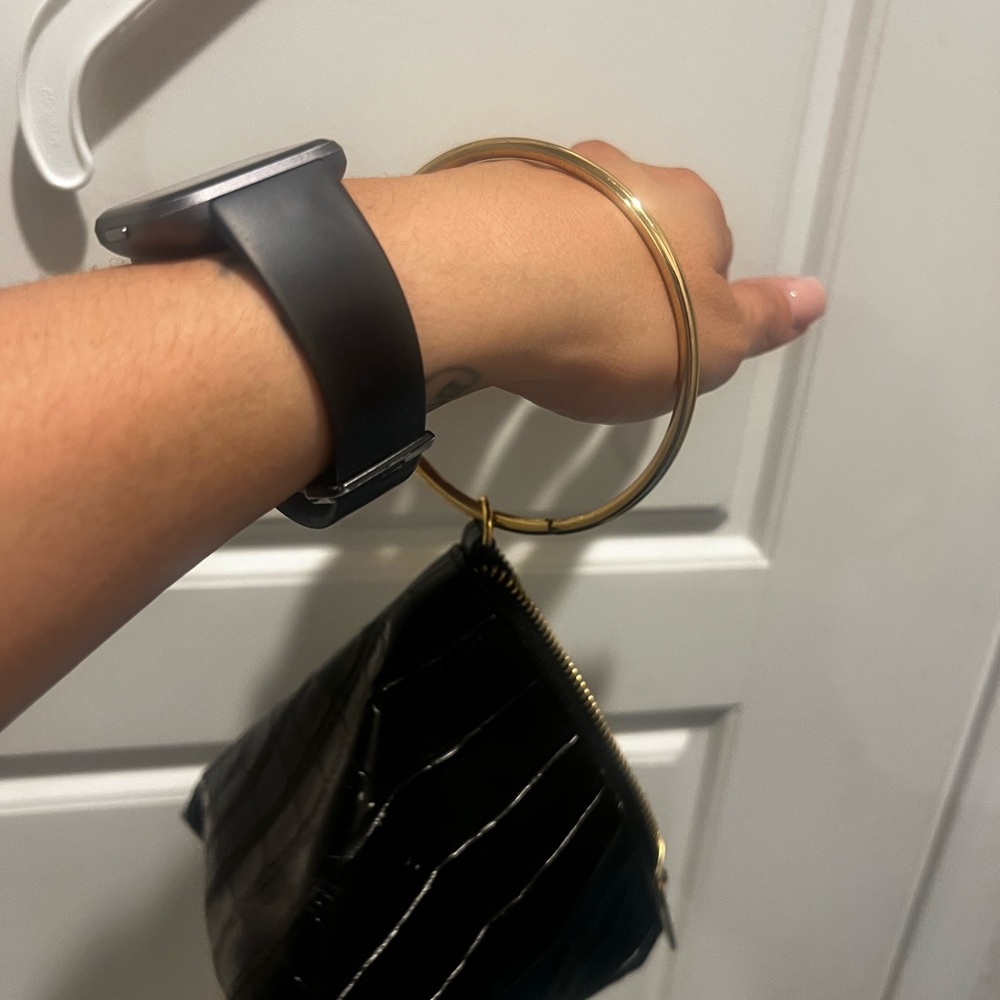 Black Croc-Embossed Wristlet with Gold Ring
